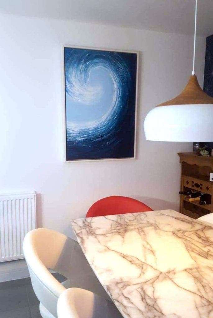 Large Wave painting commissioned from artist Catherine Kennedy. Photo shows the finished painting in the Sue and Dave's dining room. Reviews and feedback from my customers.